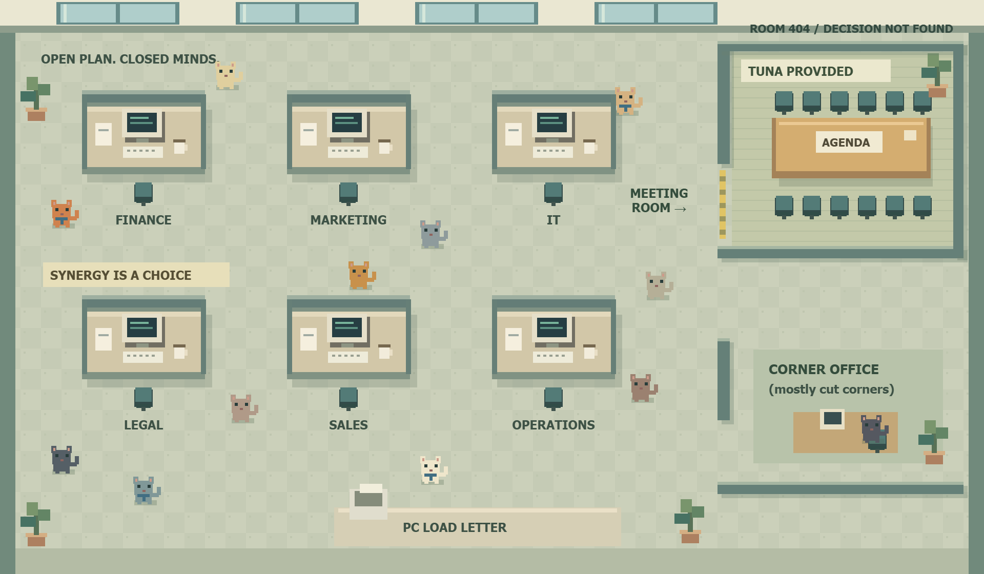 Pixel-art office with wandering cats, cubicles, and a meeting room stocked with tuna